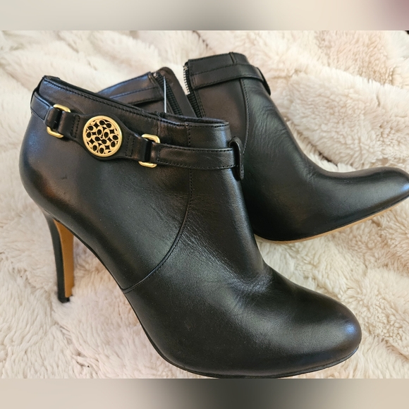 Coach Shoes - Coach Black Leather Ankle Boots with Gold Accents